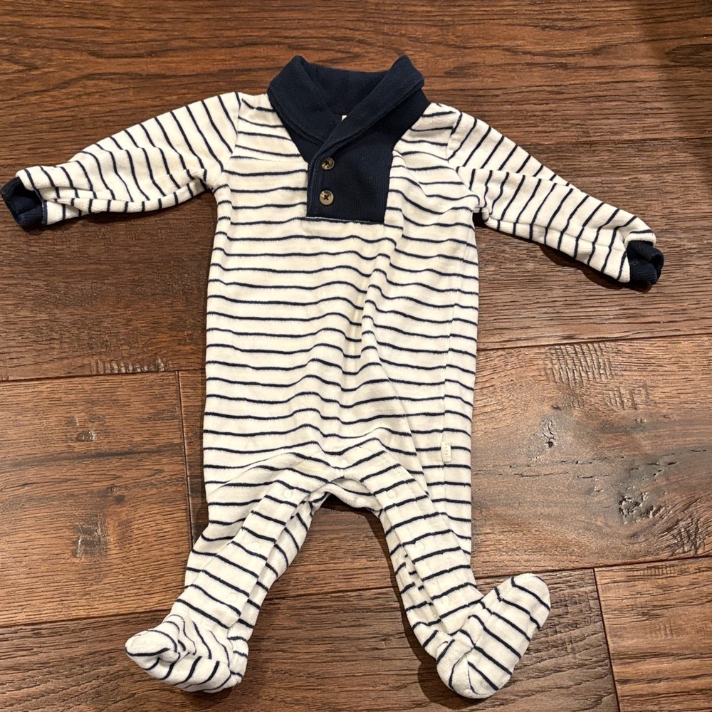 Firsts by Petit Lem Striped Navy and White fleece One Piece